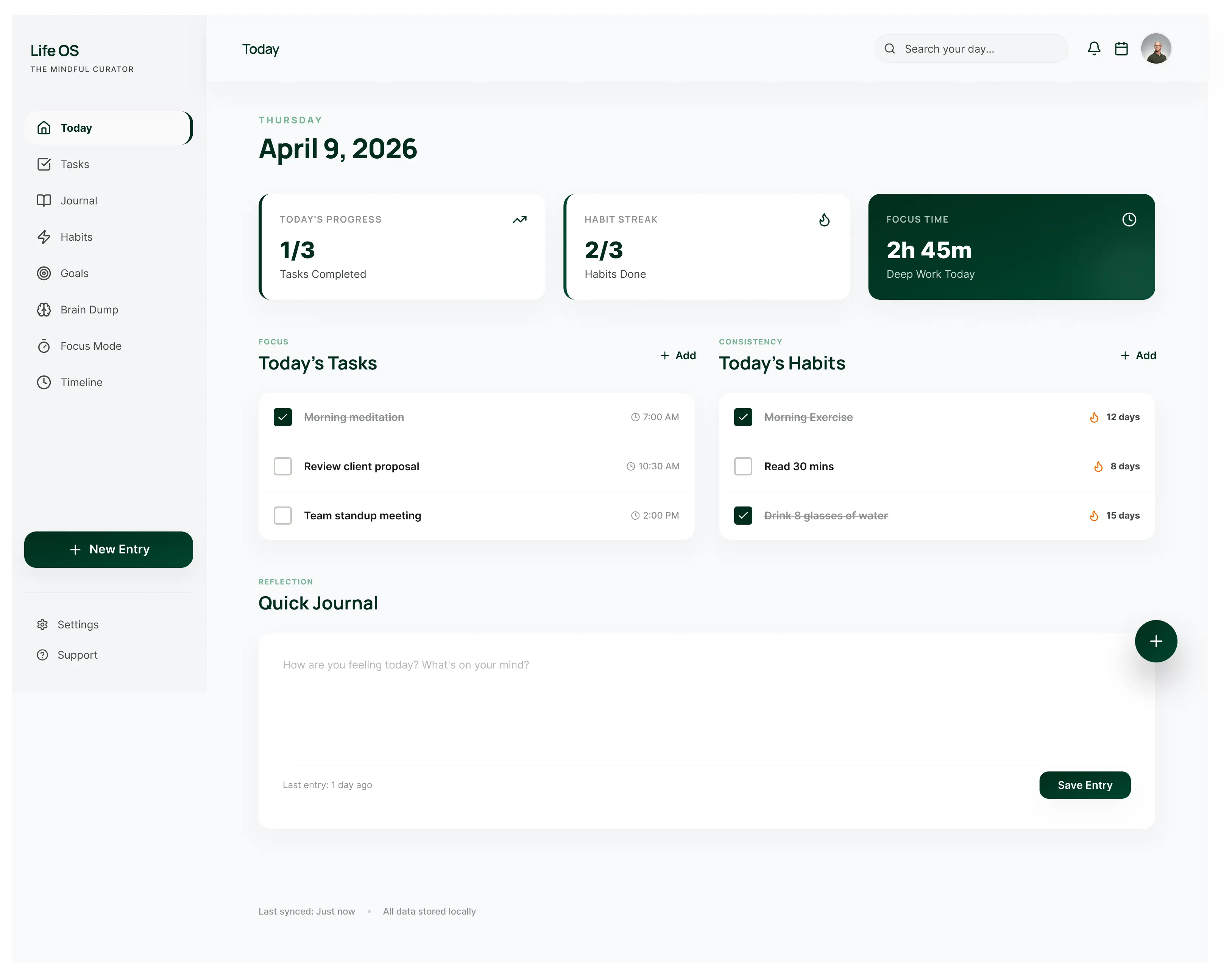 Life OS productivity dashboard interface preview showing task management, goals, and journal features